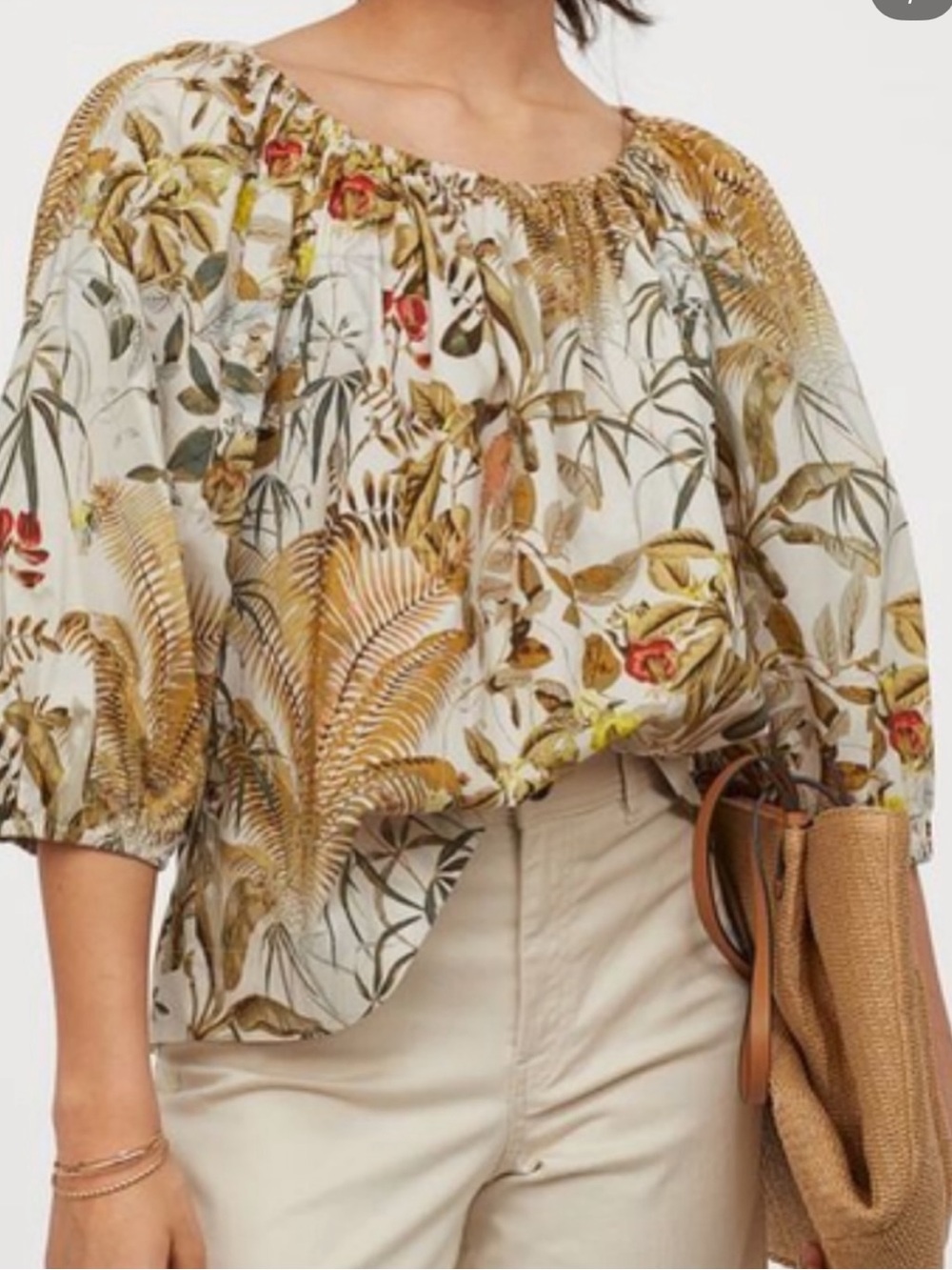 H&M Floral Peasant Blouse in White, Green, Yellow, Red